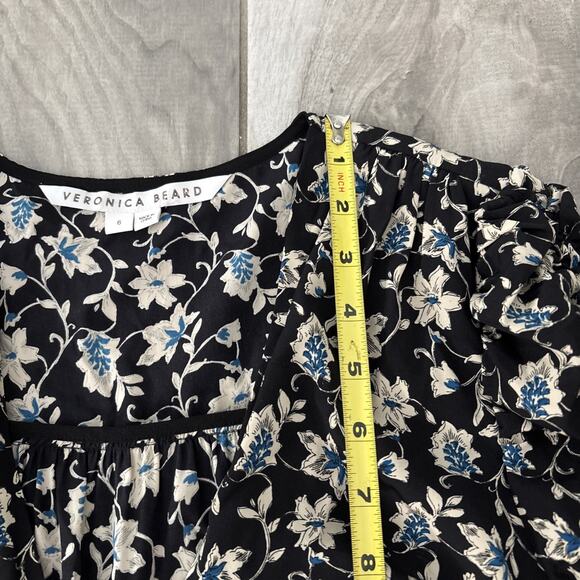 Veronica Beard Josephine Ruched Floral Mini Dress Women’s Sz 6 Black Blue Silk - Picture 6 of 9